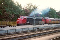 DSB MY 1103 in front of a MA trainset due to an engine failure at the trainset. Photographed at the railway station in Fredericia September 1981.  The MY class was built by Nydquist & Holm AB (NOHAB) in Sweden licensed by General Motors. Danish subsuppliers (Frichs and Thrige) took part in the production. A1A-A1A. Dieselelectric. MY 1101 - 1105 was supplied with a General Motor 16-cyl. diesel engine performing 1.700 hp. The diesel engine in MY 1106 - 1144 was performing 1.950 hp - MY 1145 - 1159 1700 hp. Max speed 133 km/h - 83 mph. Length 18 900 mm. Weight 101,6 metric tonnes. MY 1103 was put in service in 1954. It was withdrawn from service 1987 and scrapped in 1989.
